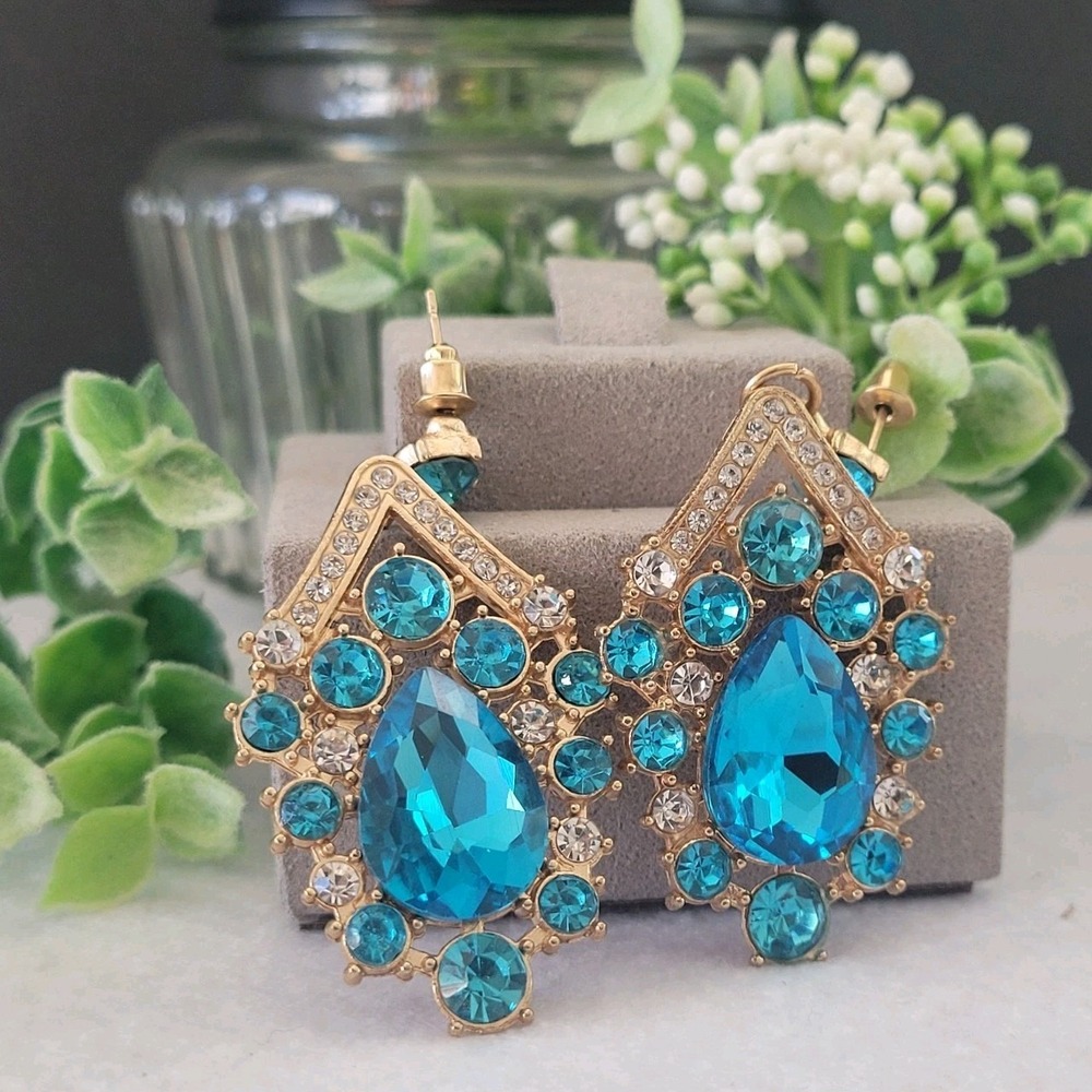 Art Deco Revival Blue Teardrop Rhinestone Earrings Gold Tone 2 Inch